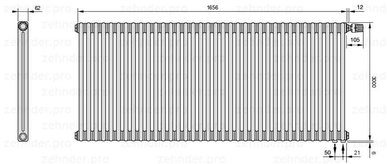 Схема (чертеж) Радиатор Zehnder Charleston 2300/36 №V002 Белый глянцевый RAL 9016